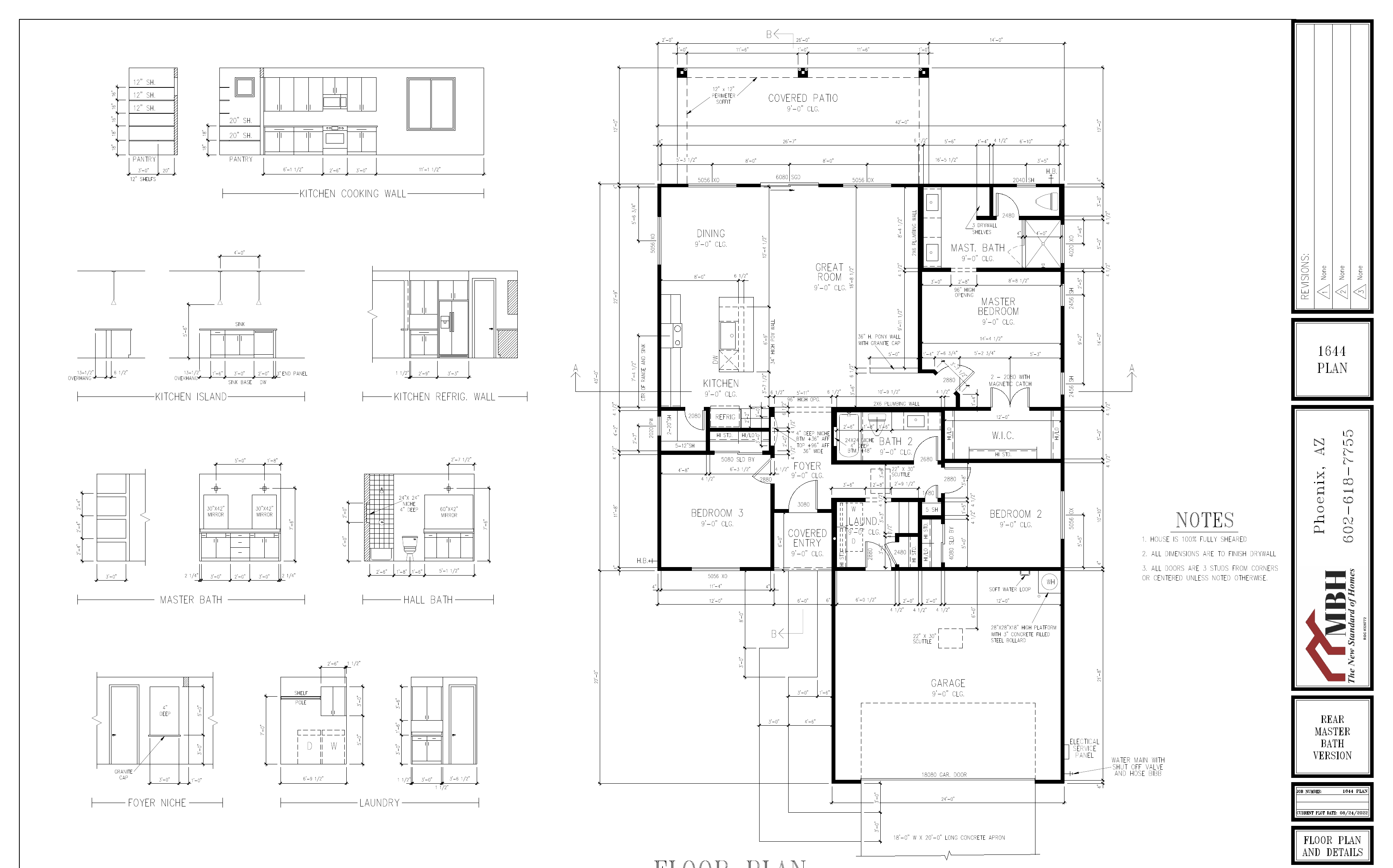 1644 floor plan layout — 3 bed, 2 bath, 3-car garage