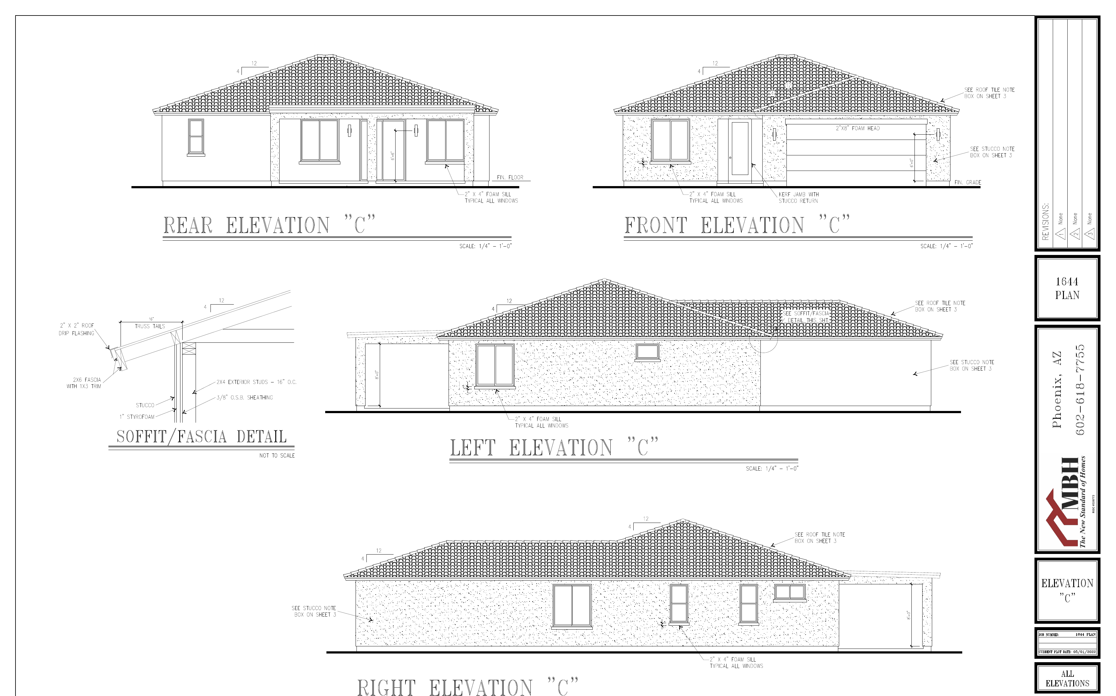 1644 floor plan — all four exterior elevations