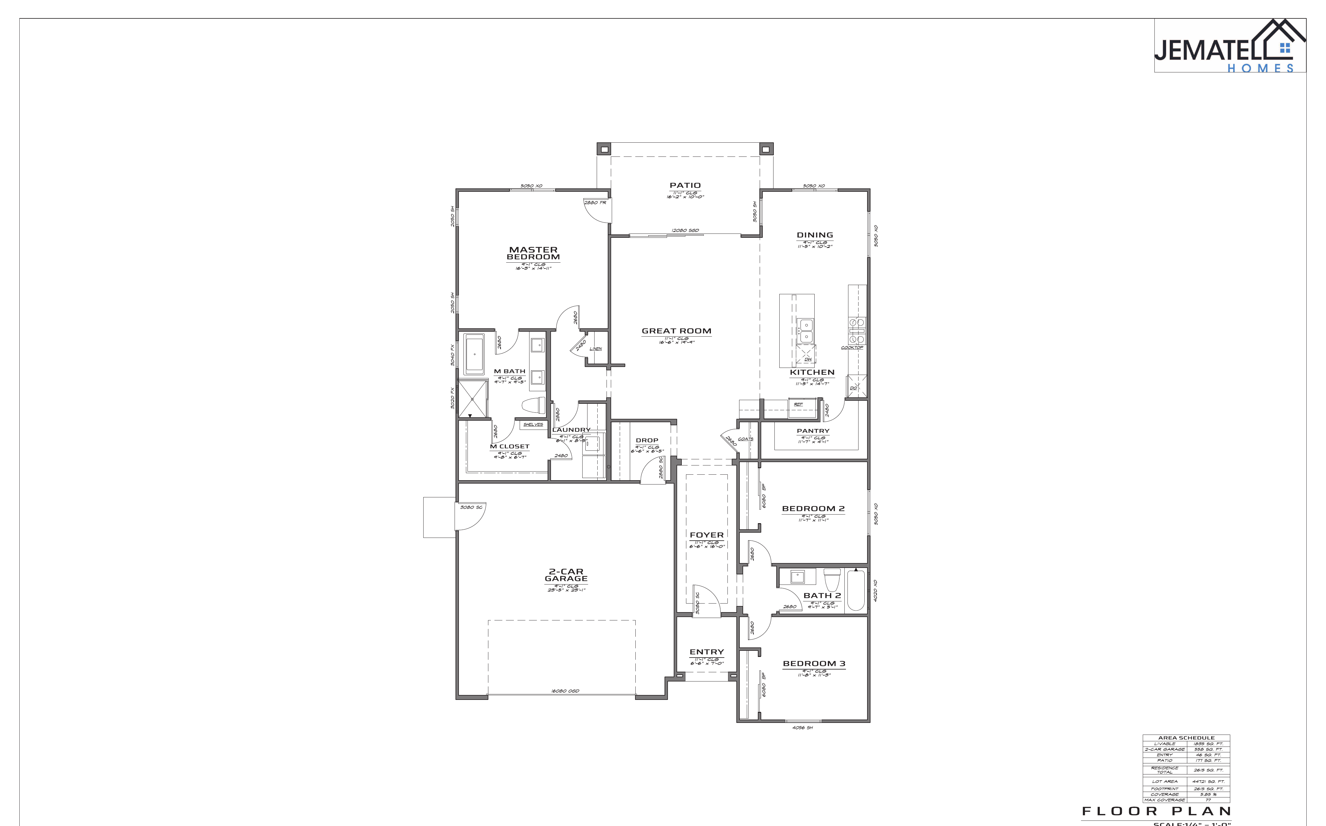 1849 floor plan layout — 3 bed, 2 bath, 2-car garage