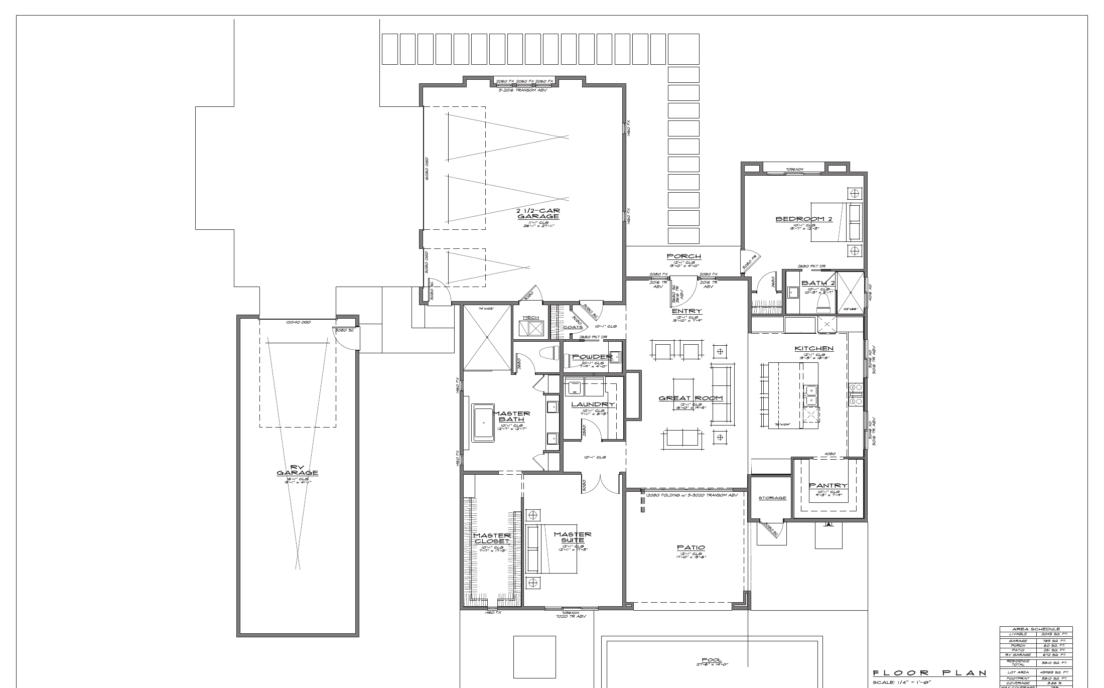2045 floor plan layout — 2 bedrooms, 2.5 baths, 2.5-car plus RV garage