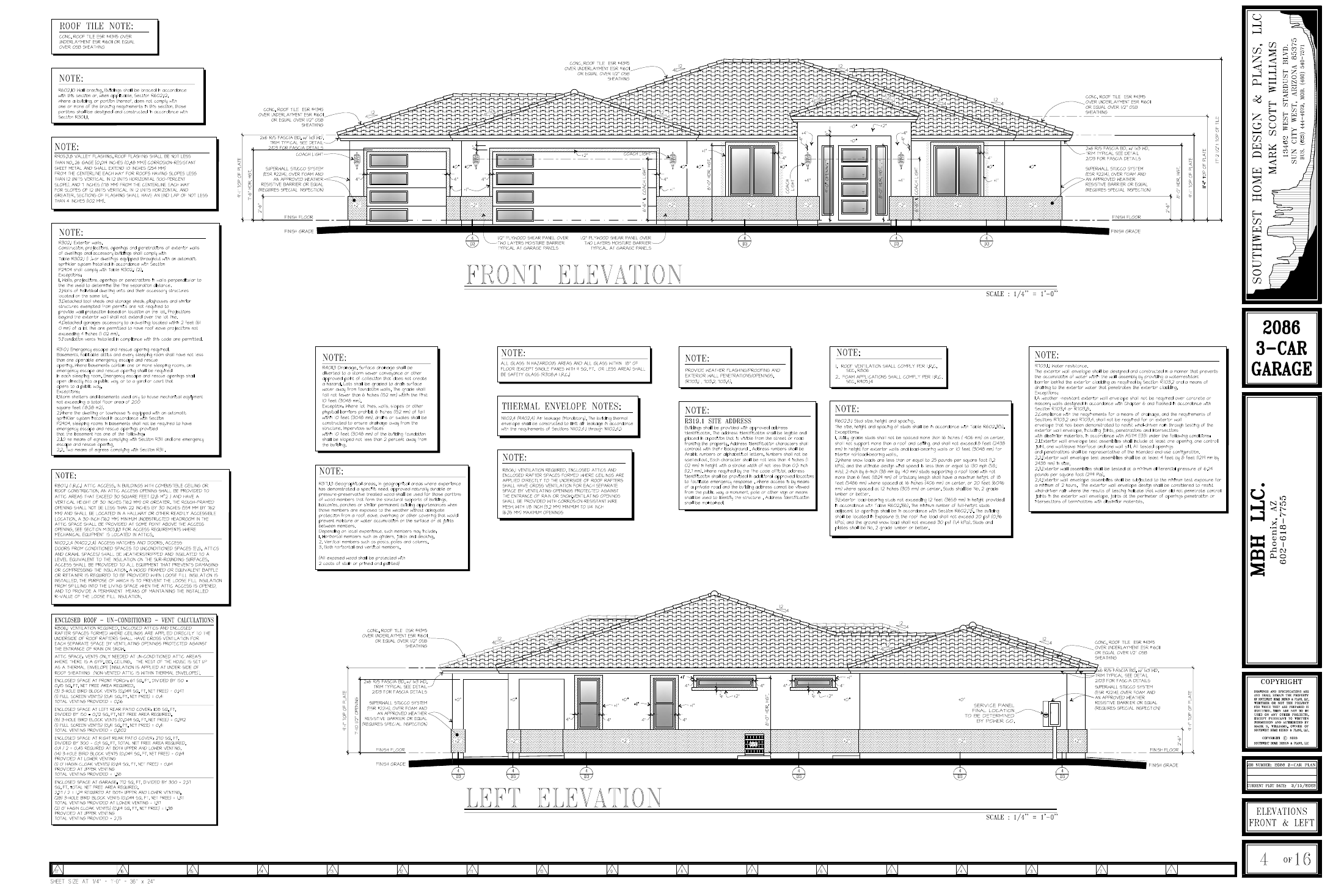 2086 plan — front and left exterior elevations