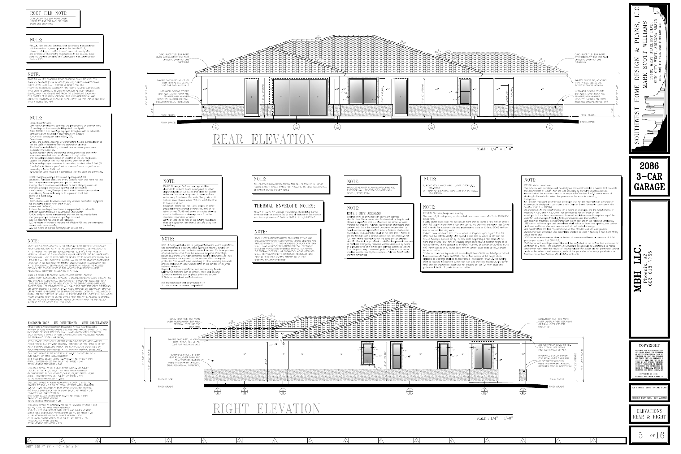 2086 plan — rear and right exterior elevations