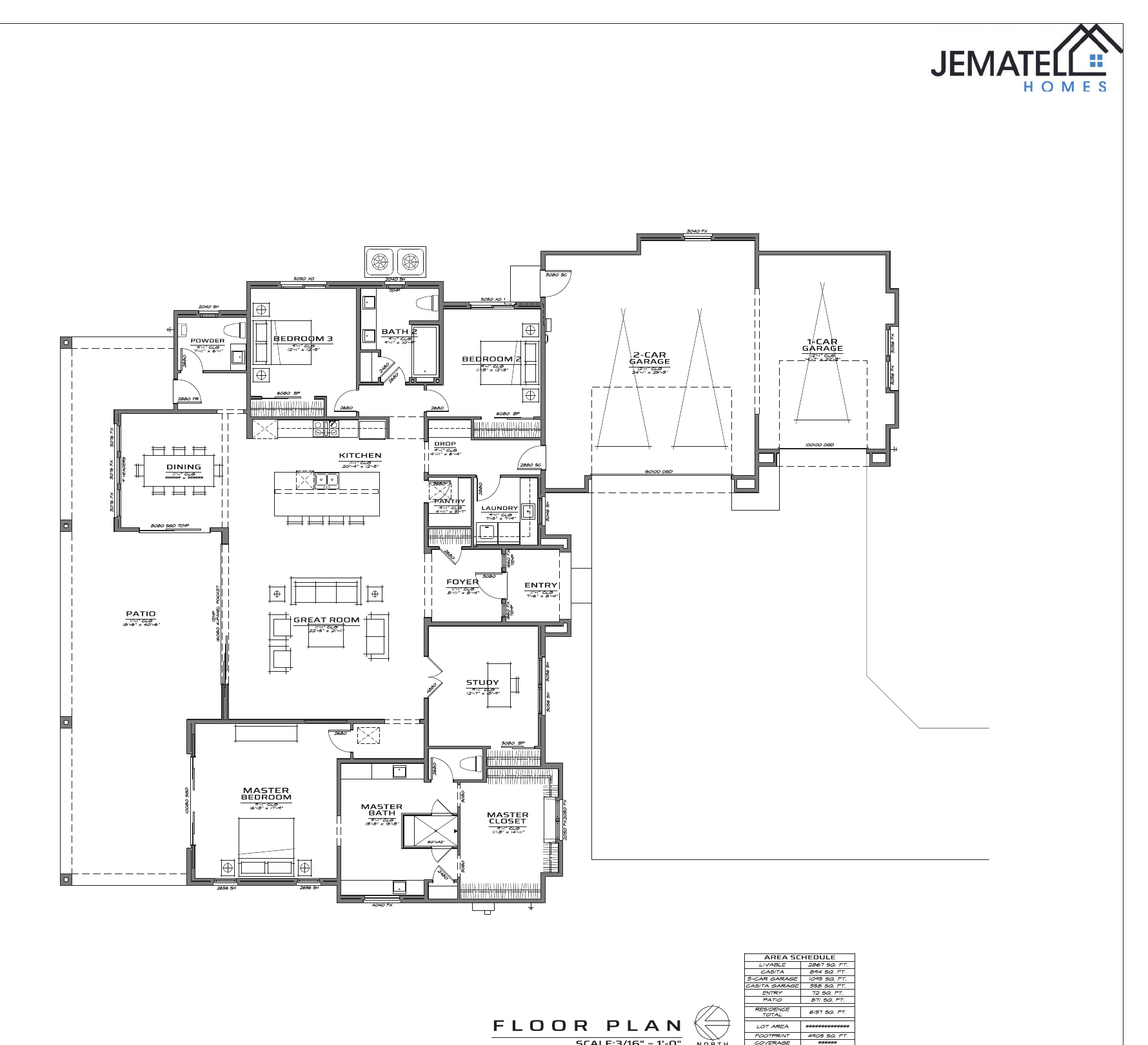 2867 main-home floor plan layout — 3 bedrooms, study, 2.5 baths, 3-car garage