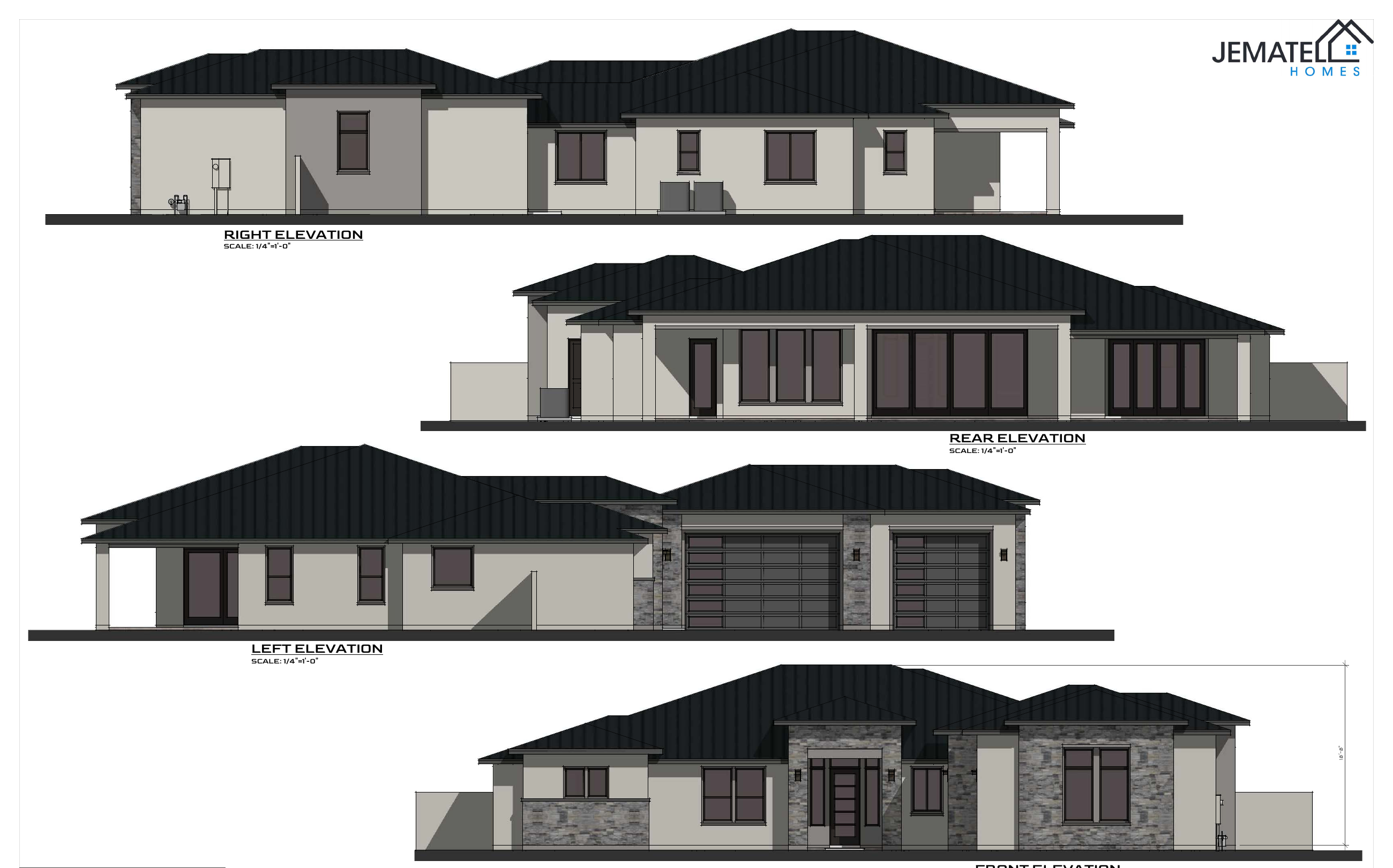 2867 plan — front, rear, left, and right exterior elevations of the main home