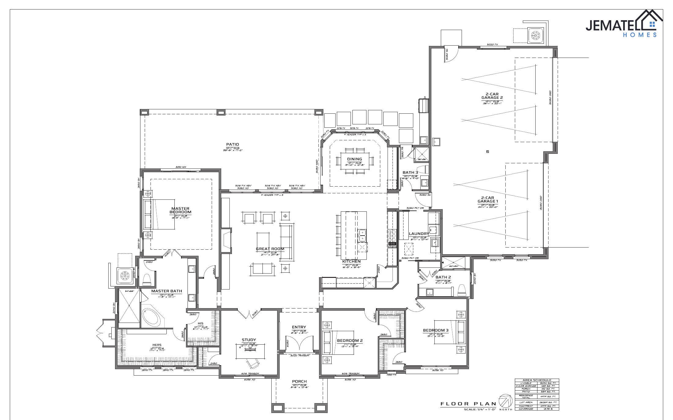 3094 floor plan layout — 3 bedrooms, study, 3 baths, 4-car garage