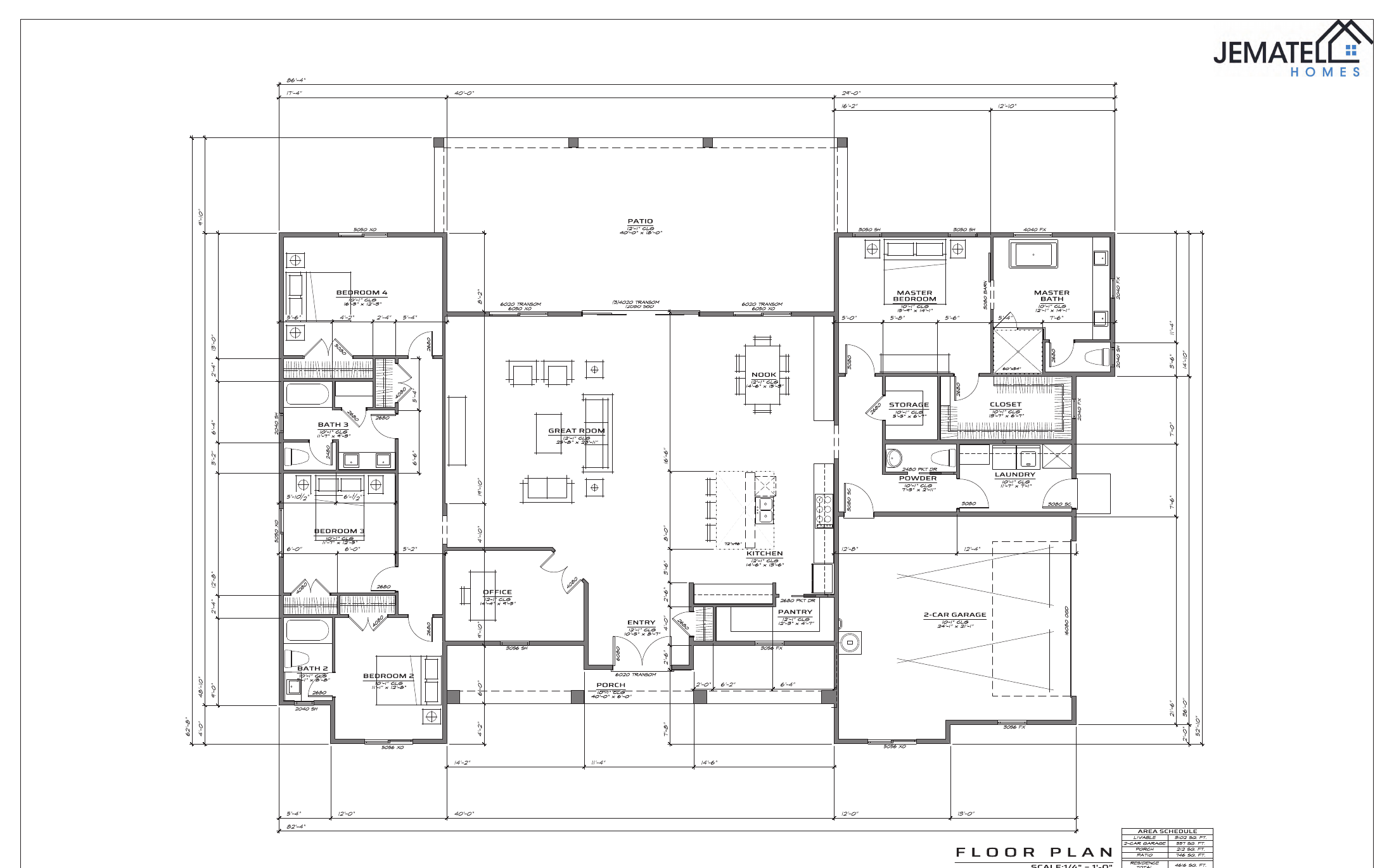 3102 floor plan layout — 4 bedrooms, office, 3.5 baths, 2-car garage