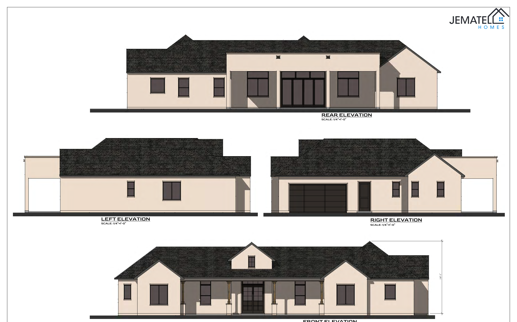3102 plan — front, rear, left, and right exterior elevations