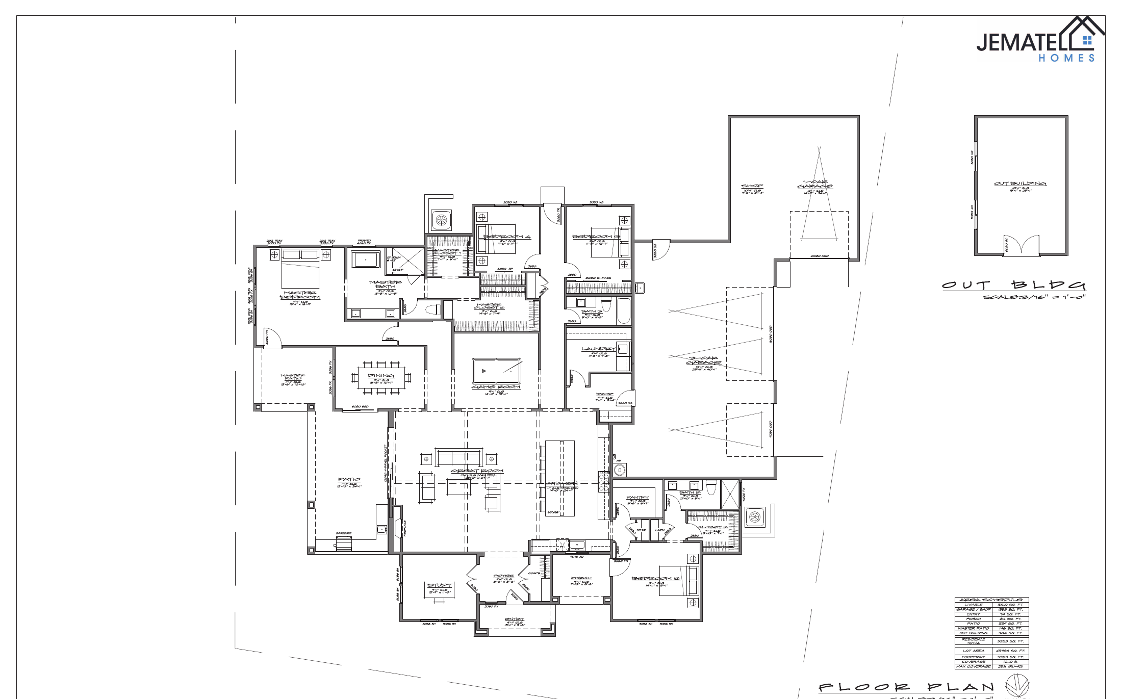 3610 floor plan layout — 4 bedrooms, study, 3.5 baths, 4-car garage with shop