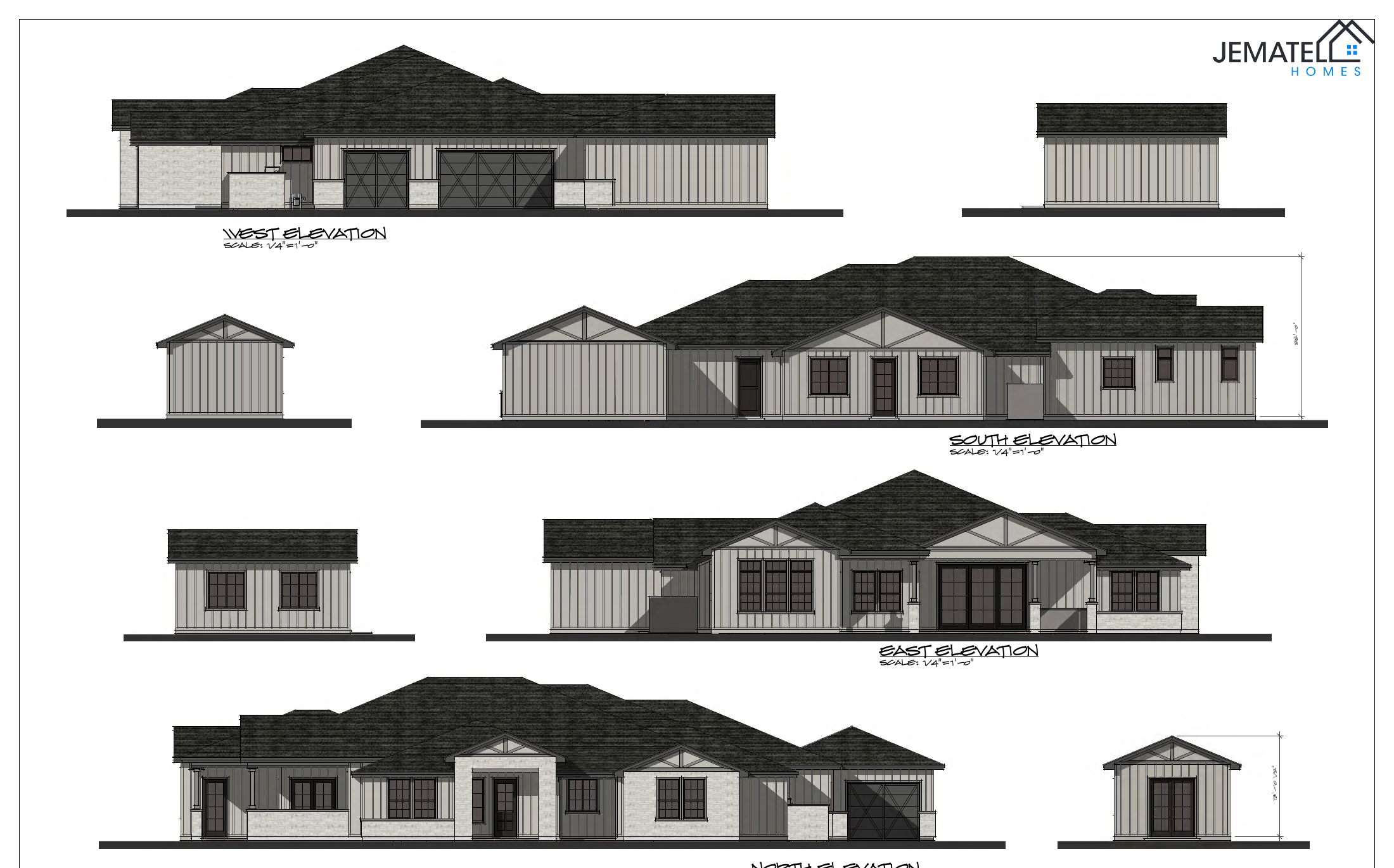 3610 plan — front, rear, left, and right exterior elevations