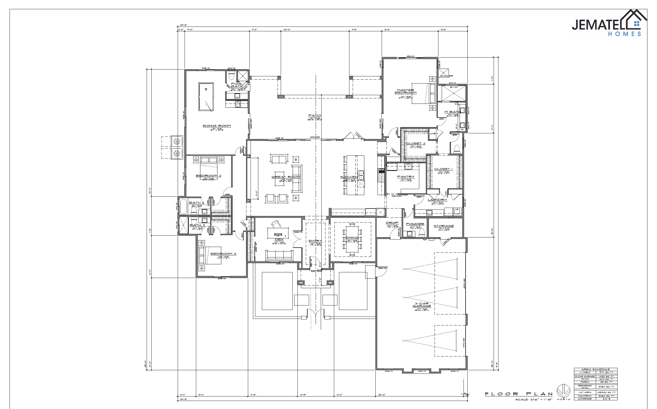 3771 floor plan layout — 3 bedrooms, bonus room, den, 4.5 baths, 3-car garage
